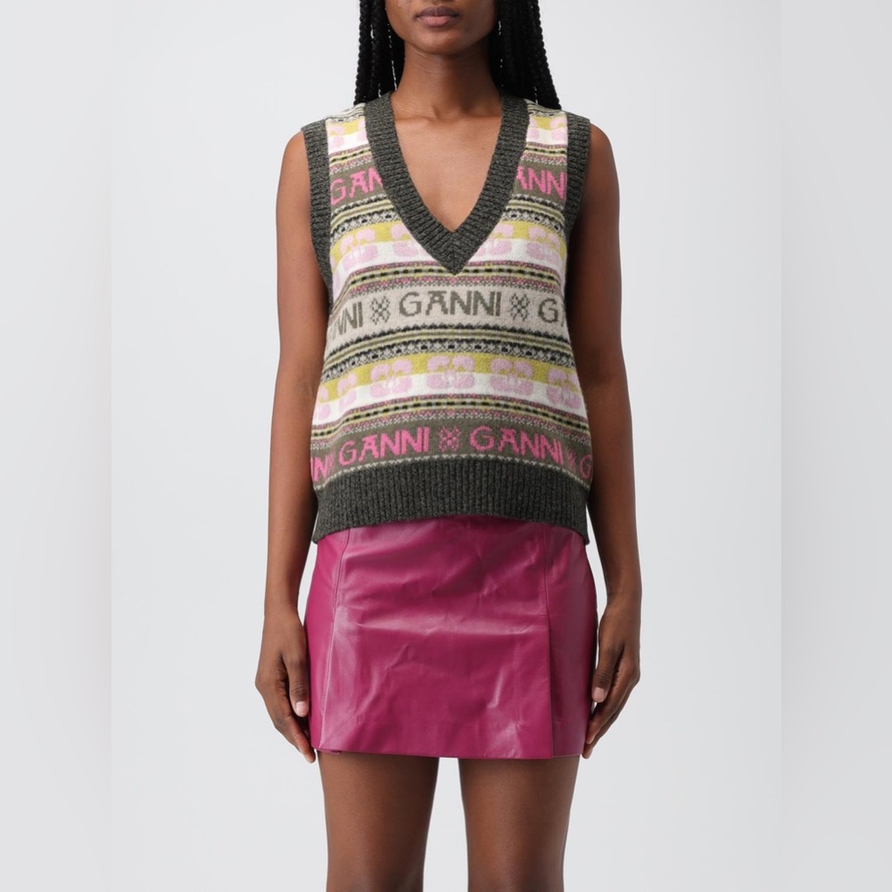 GANNI Wool Mix V Neck Sweater Vest Cottagecore Logo Kalamata | Women's Size M